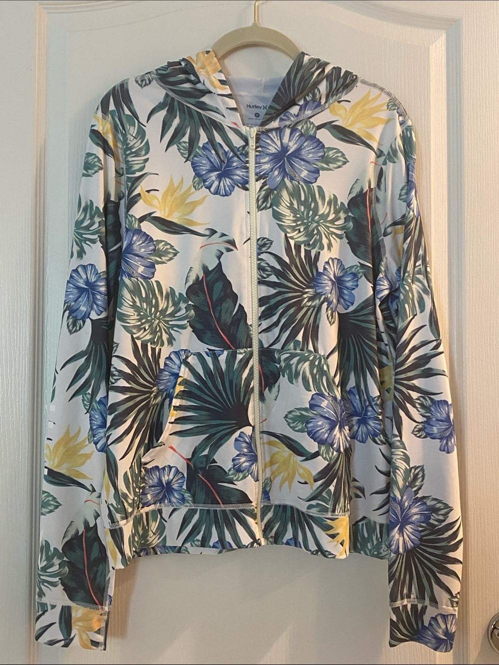 Hurley White Floral Zip Hoodie with Blue and Green Tropical Print Size M